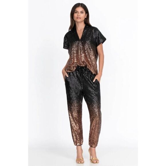 New Johnny Was Jett Gold Sequin Jogger Pants Size L - Picture 1 of 9